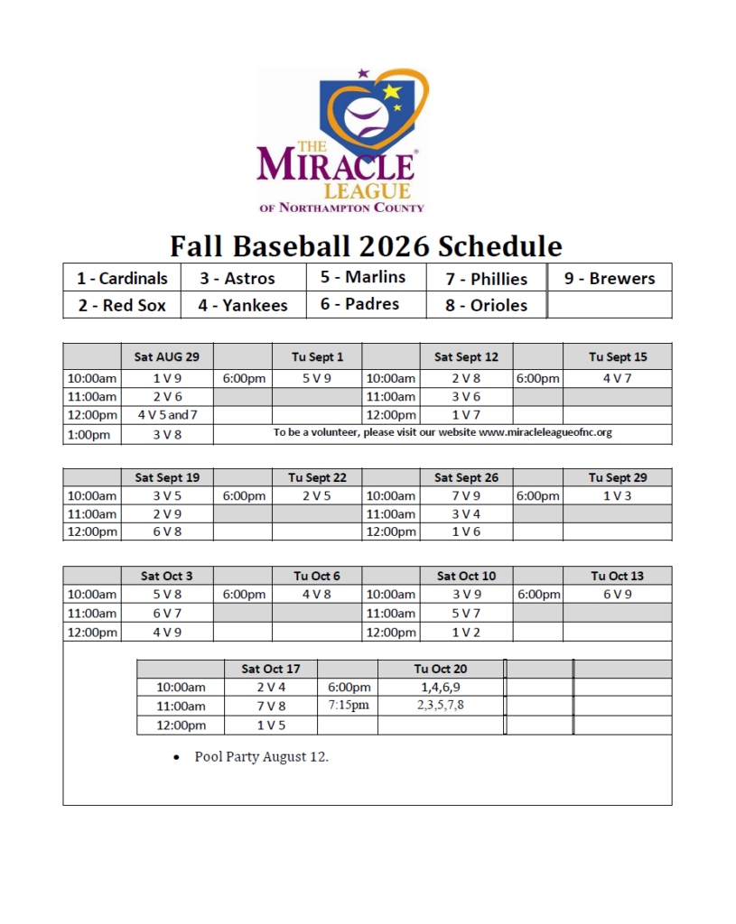 Miracle League Fall Schedule 2026